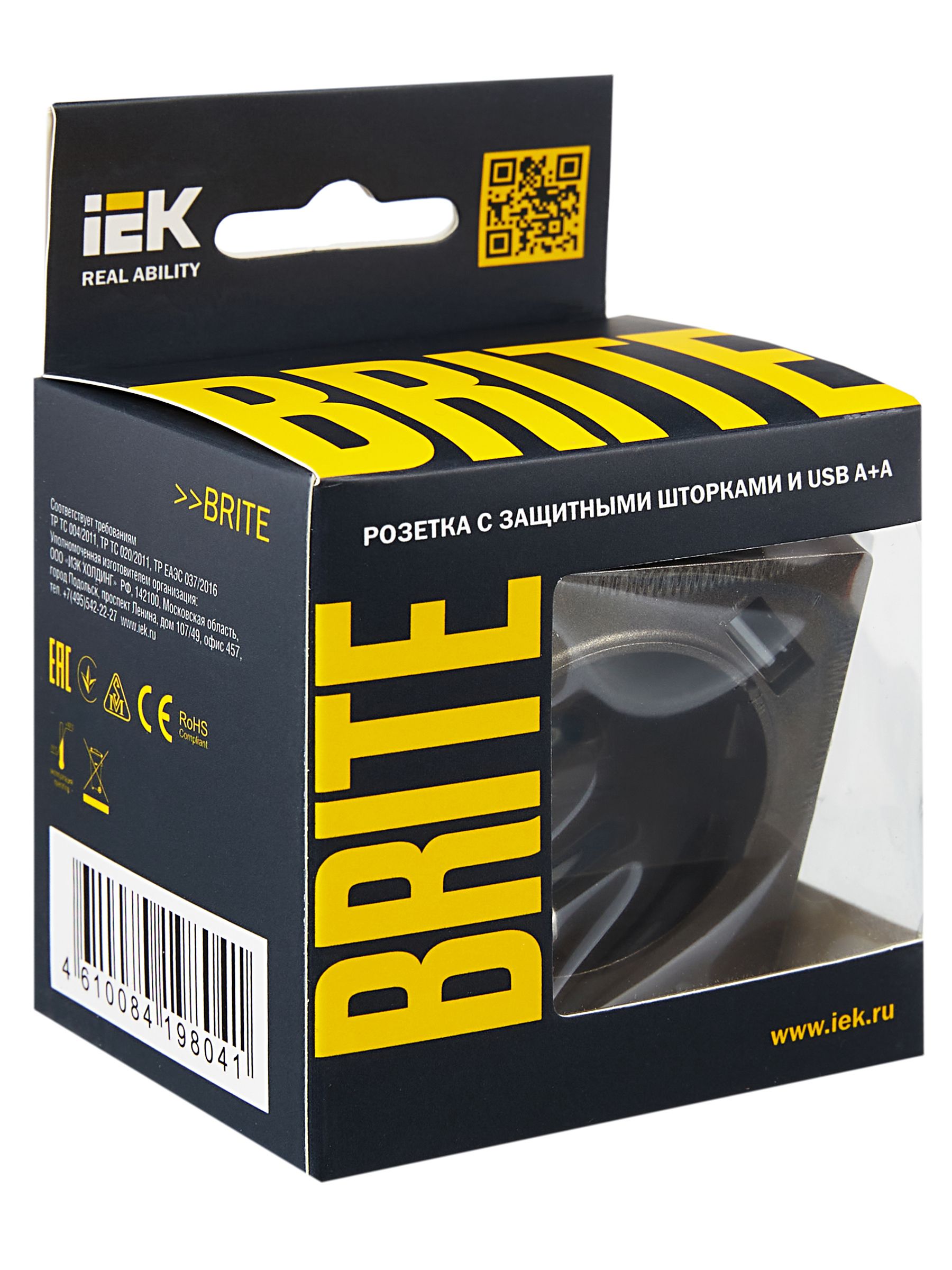             BRITE Розетка 1 орынды, жерге тұйықталған, қорғаныс пердешелерімен 16А с USB A+A 5В 3,1А РЮш10-2-БрТБ қара қола IEK    