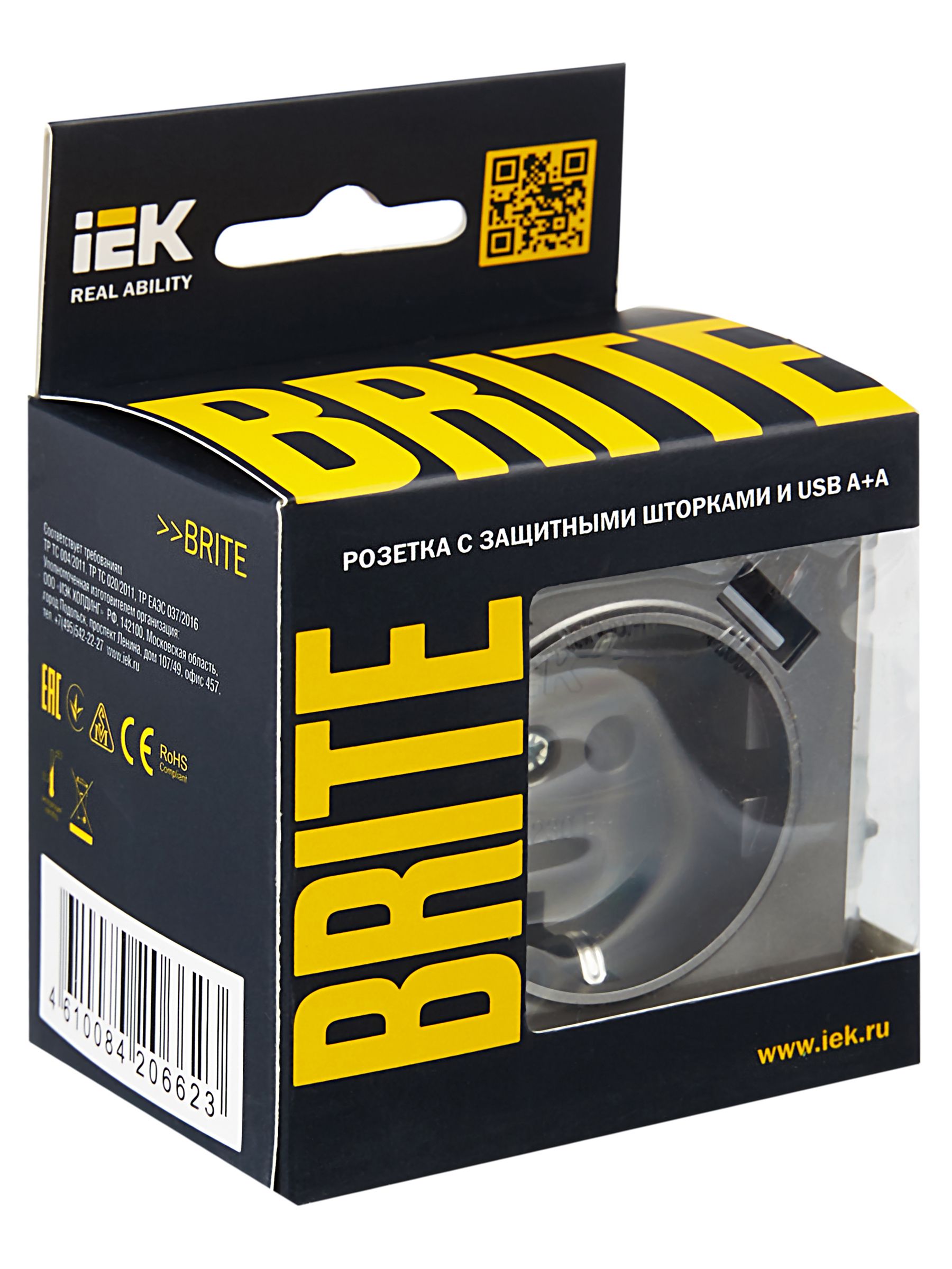             BRITE Розетка 1 орынды, жерге тұйықталған, қорғаныс пердешелерімен 16А с USB A+A 5В 3,1А РЮш10-2-БрС болат IEK    