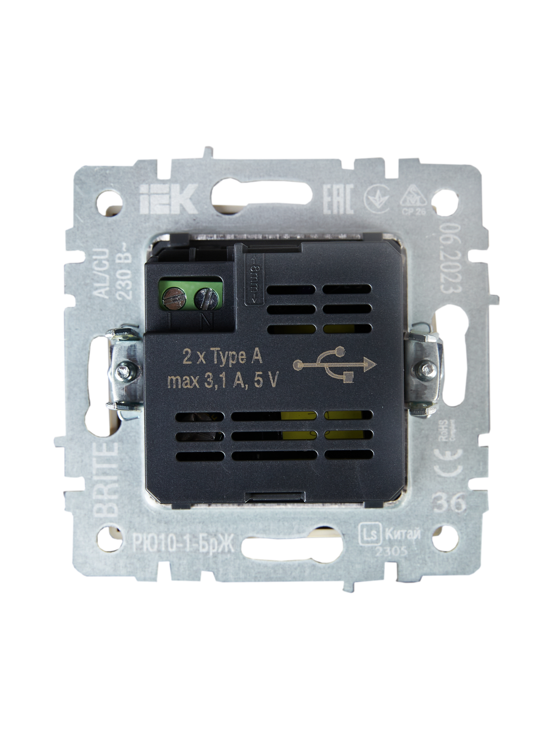             BRITE USB A+A розеткасы 5В 3,1А РЮ10-1-БрЖ інжу IEK    