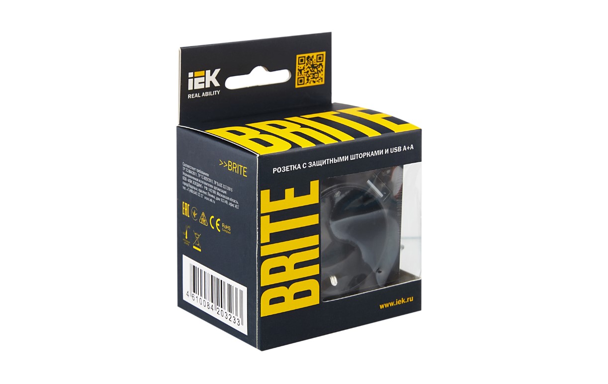             BRITE Розетка 1 орынды қорғаныс перделері бар, жерге тұйықталған 16АUSB A+A мен 5B 2,1A  РЮш10-1-БрЧ қара ИЭК    