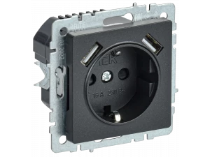 BRITE Розетка 1-местная с заземлением со шторками 16А с USB A+A 5В 2,1А РЮш10-1-БрЧ черный ИЭК