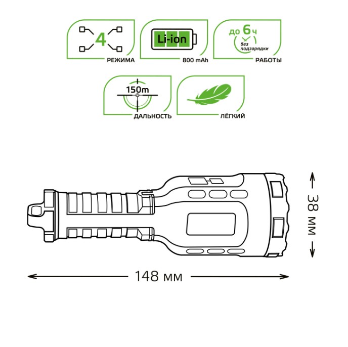             Қол шам Gauss модель GFL208 8W 150lm Li-ion 800mAh LED 1/10/120    