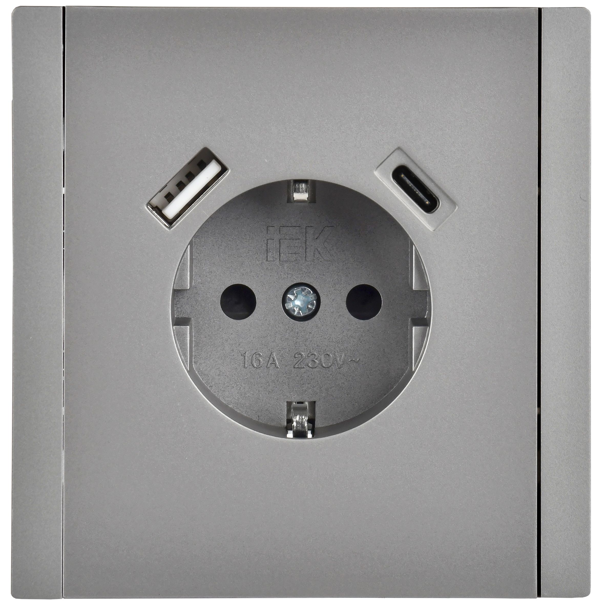 FORTE&PIANO Розетка 1 нүктелі, жерге тұйықталған, пердешелерімен, бұрандалы бекітумен 16А USB A+C 18Вт FP547 болат ИЭК