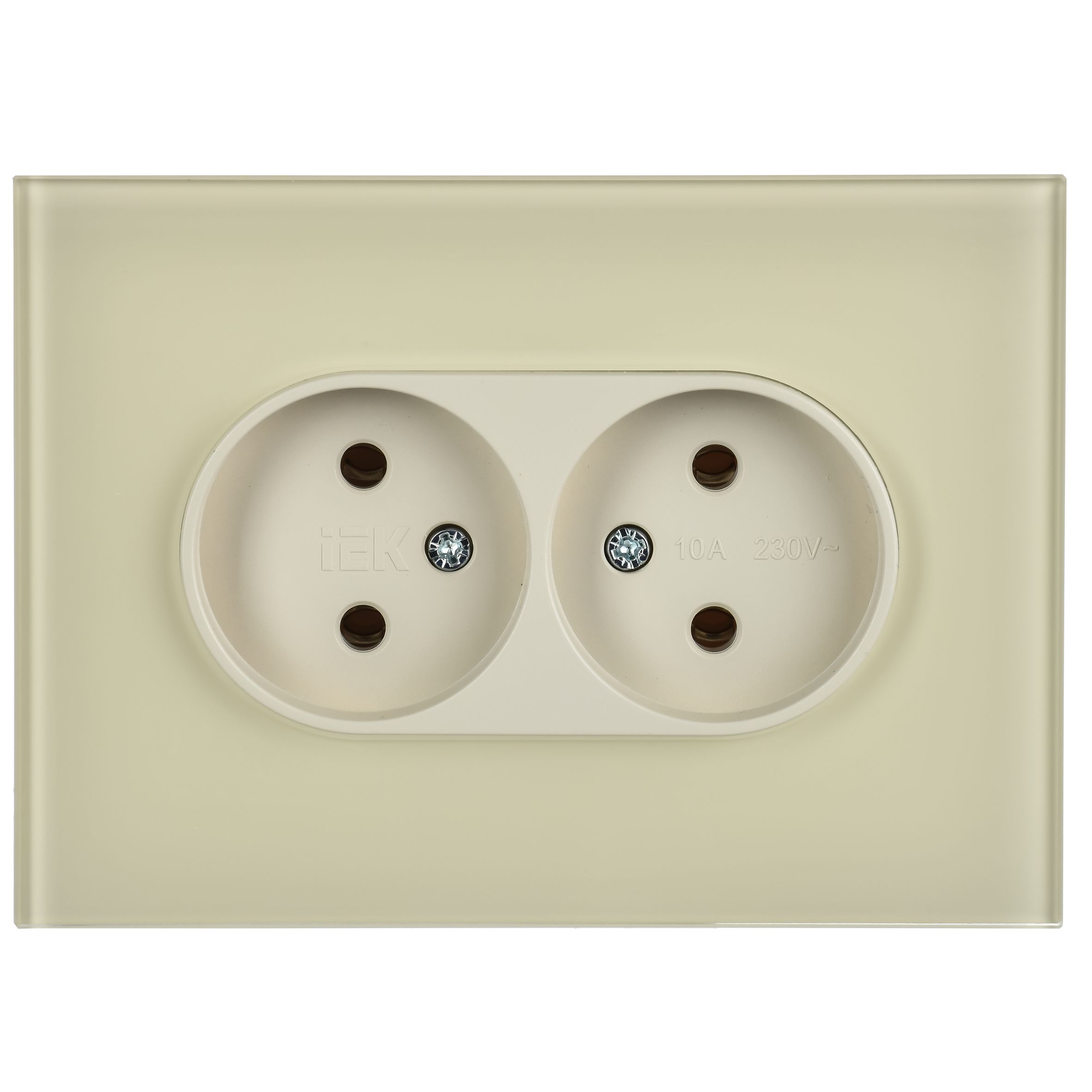 SKANDY Розетка 2 нүктелі, жерге тұйықталмаған, қорғаныс пердешелерсіз, тегіс айырға арналған 10А SK-R03B шыны, ақшыл сары IEK
