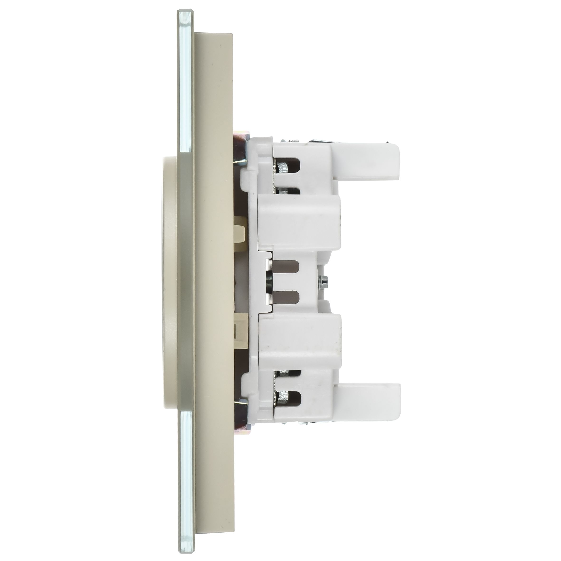 SKANDY Розетка 2 нүктелі, жерге тұйықталмаған, қорғаныс пердешелерсіз, тегіс айырға арналған 10А SK-R03B шыны, ақшыл сары IEK