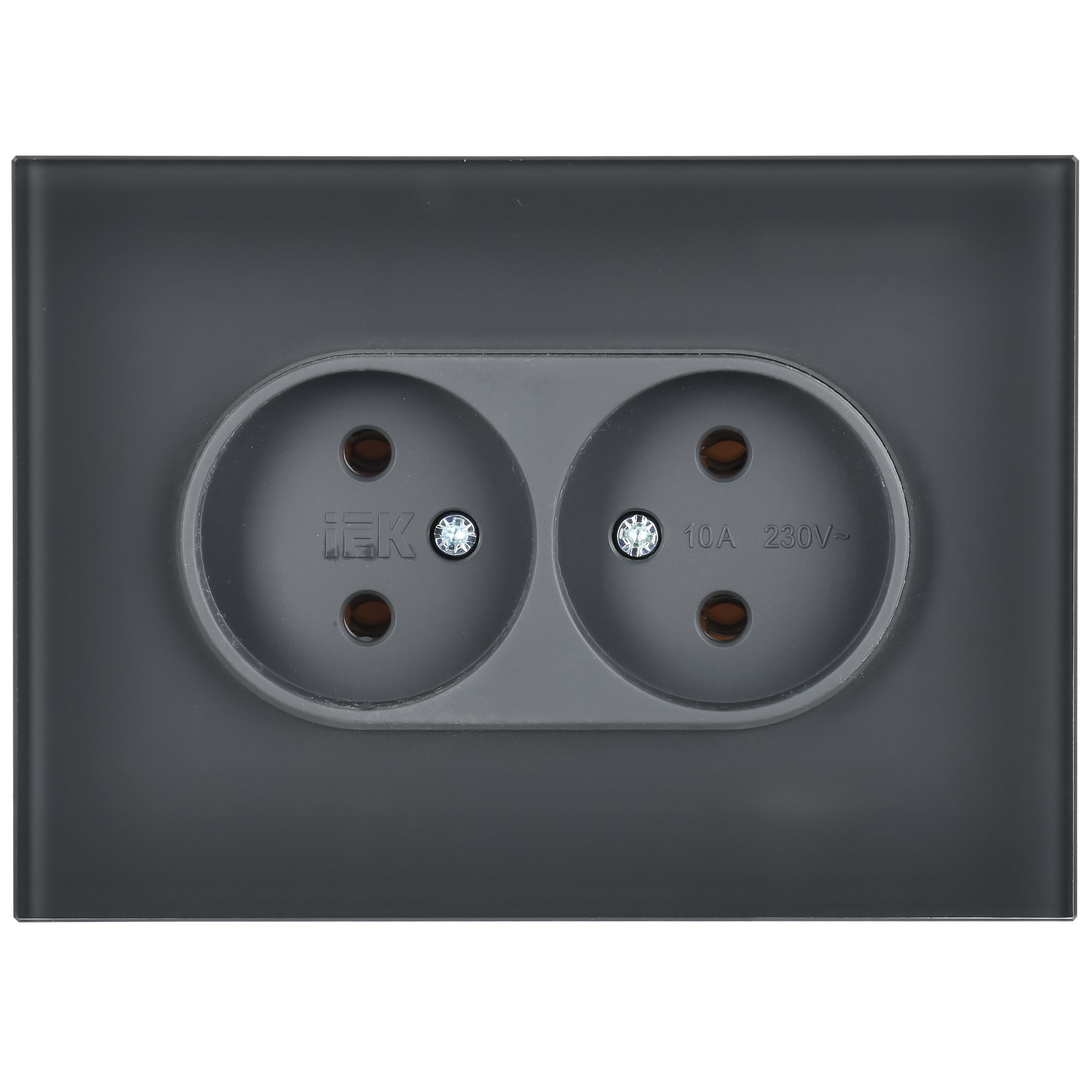 SKANDY Розетка 2 нүктелі, жерге тұйықталмаған, қорғаныс пердешелерсіз, тегіс айырға арналған 10А SK-R03G шыны графит IEK