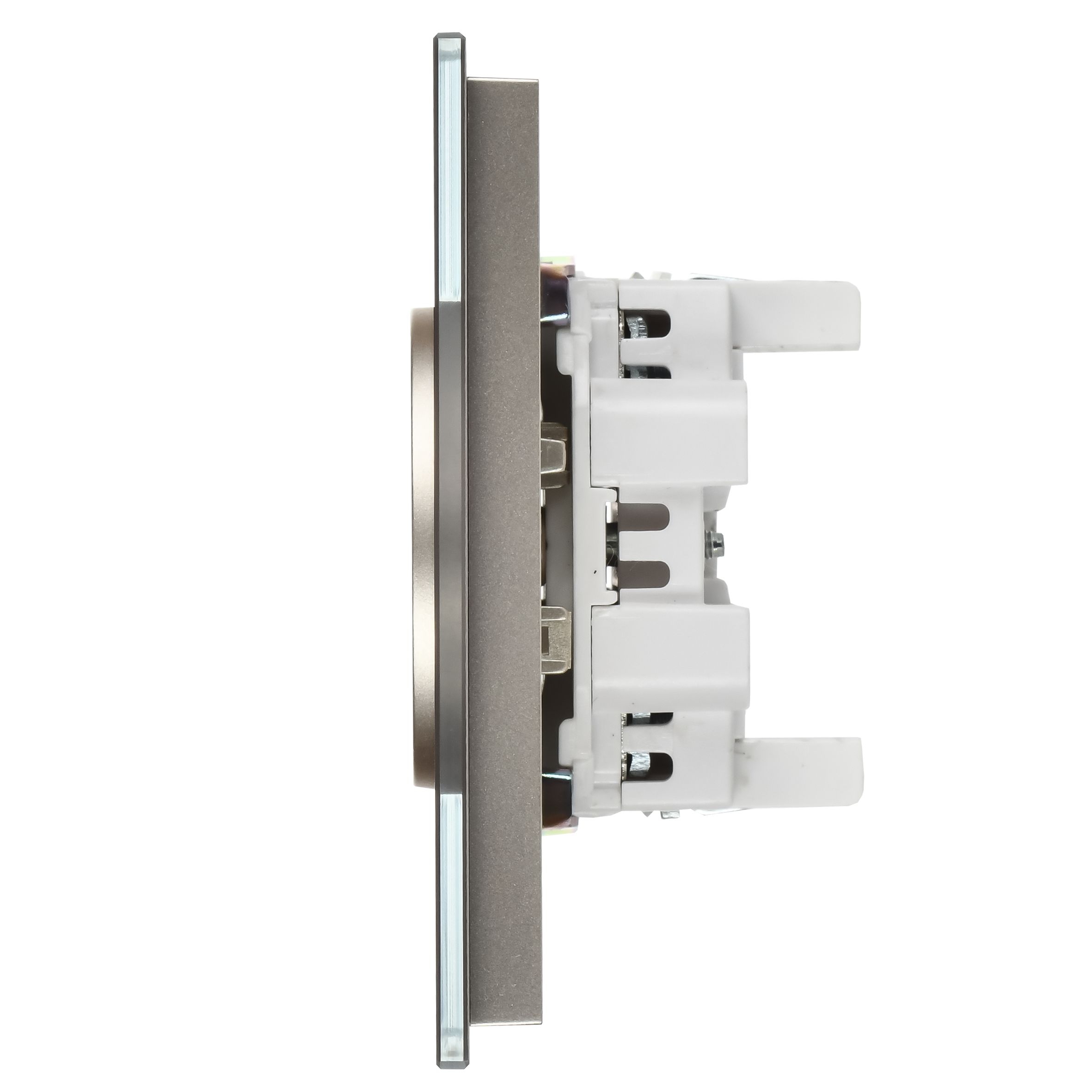 SKANDY Розетка 2 нүктелі, жерге тұйықталмаған, қорғаныс пердешелерсіз, тегіс айырға арналған 10А SK-R03Sh шыны шампан IEK