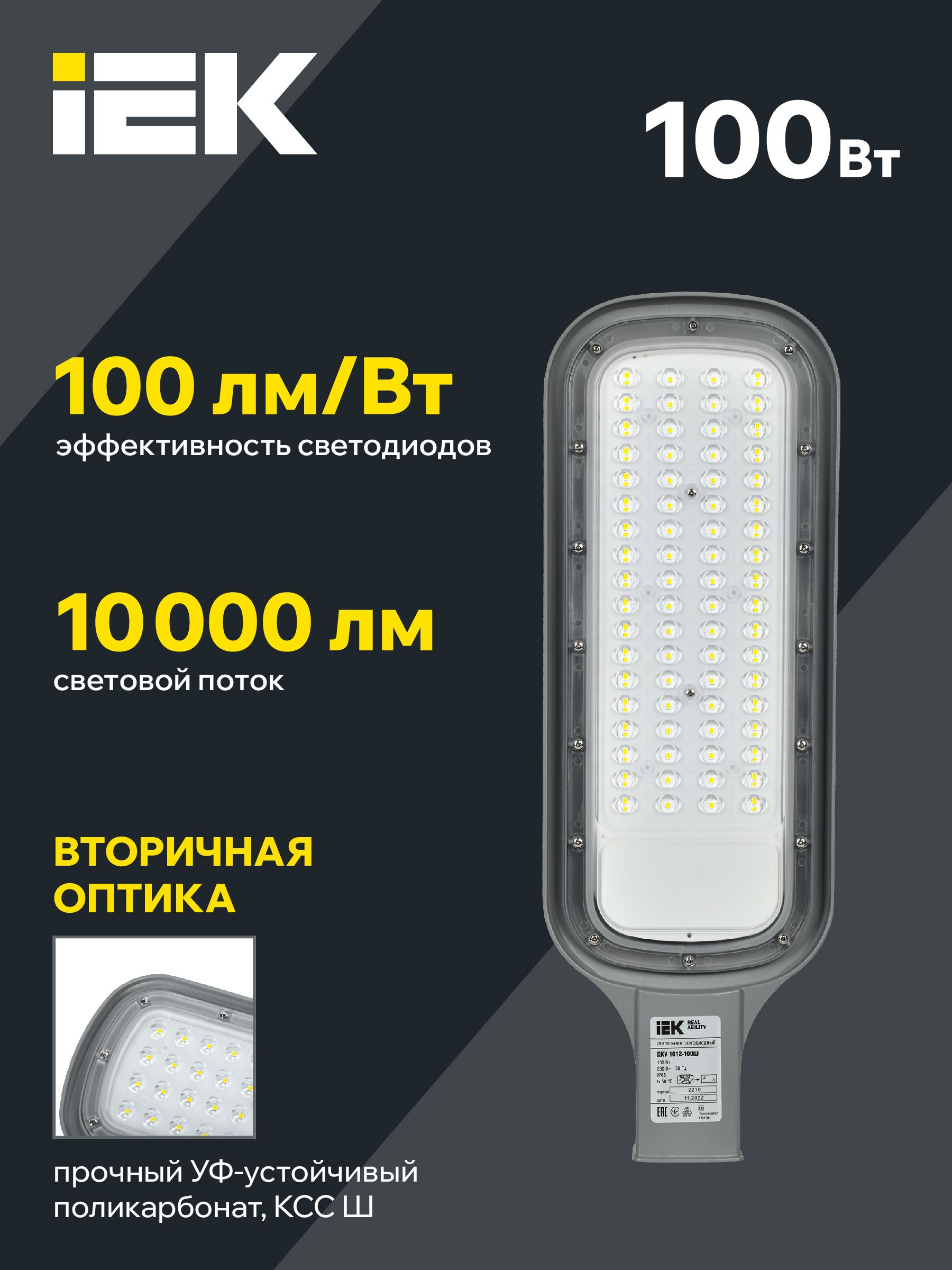             Жарықдиодты шамшырақ, консольді ДКУ 1012-100Ш 5000К IP65 сұр IEK    