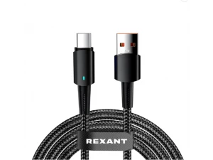 Кабель USB-A – Lightning 2,4А 1м в черной нейлоновой оплетке, со световой индикацией REXANT, 18-7058