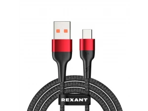 Кабель USB-A – Type-C, 5А, 50Вт, 1м, в черной нейлоновой оплетке REXANT, 18-7066