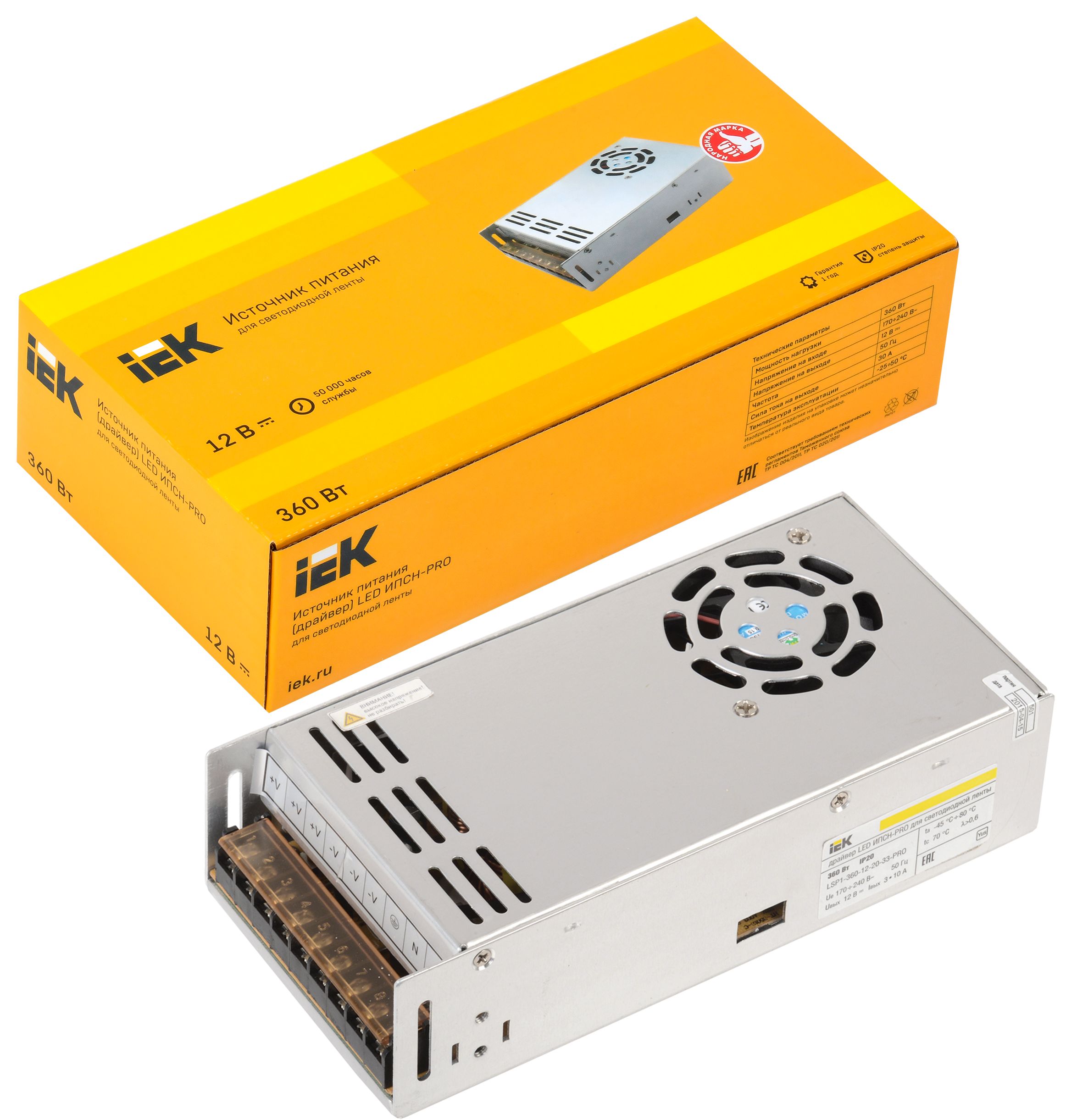             Драйвер LED ИПСН-PRO 360Вт 12В блок-клеммалар IP20 IEK    