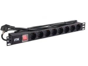 Блок розеток ITK PDU 8 розеток нем. станд, с LED выкл,1U, шнур 2м вилка (нем. станд.) алюм профиль